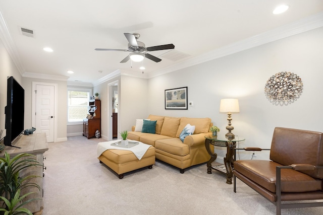 1055 Beckwith St, Franklin, TN 37064 - living area with light carpet, recessed lighting, ceiling fan, and ornamental molding