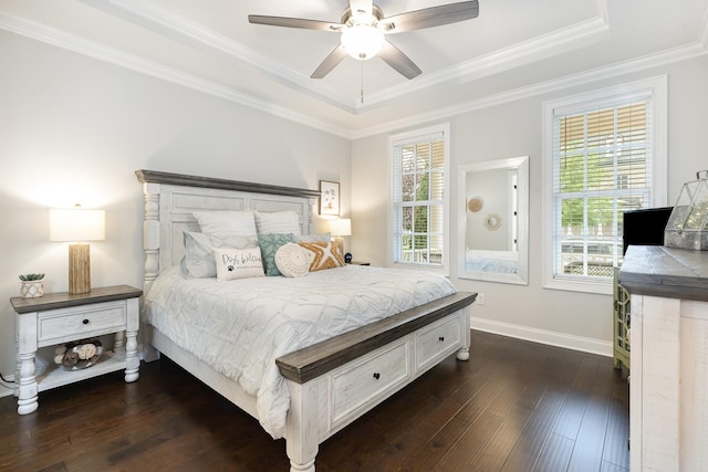 1055 Beckwith St, Franklin, TN 37064 - bedroom featuring a raised ceiling, dark wood-style floors, crown molding, and a ceiling fan