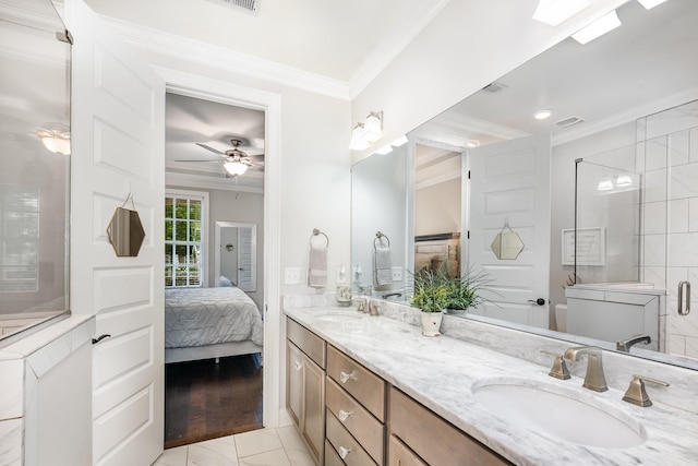 1055 Beckwith St, Franklin, TN 37064 - ensuite bathroom with ornamental molding, ceiling fan, double vanity, and recessed lighting