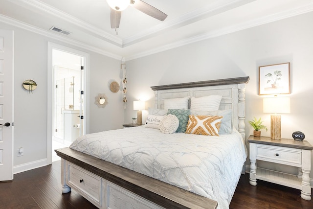 1055 Beckwith St, Franklin, TN 37064 - bedroom with hardwood / wood-style flooring, ornamental molding, a raised ceiling, ensuite bath, and ceiling fan