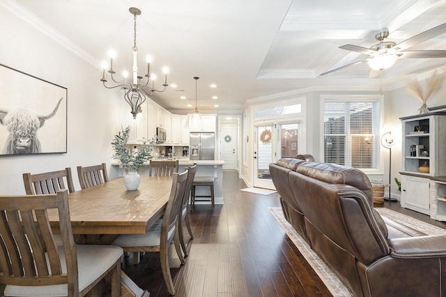 1055 Beckwith St, Franklin, TN 37064 - dining space featuring crown molding, a chandelier, dark wood-style floors, recessed lighting, and a ceiling fan