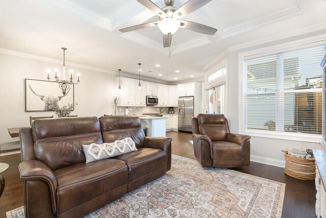 1055 Beckwith St, Franklin, TN 37064 - living room featuring coffered ceiling, dark wood-type flooring, a ceiling fan, a chandelier, and beam ceiling
