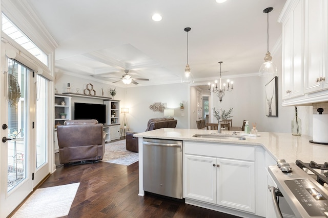 1055 Beckwith St, Franklin, TN 37064 - kitchen with stainless steel appliances, a peninsula, white cabinets, healthy amount of natural light, and crown molding