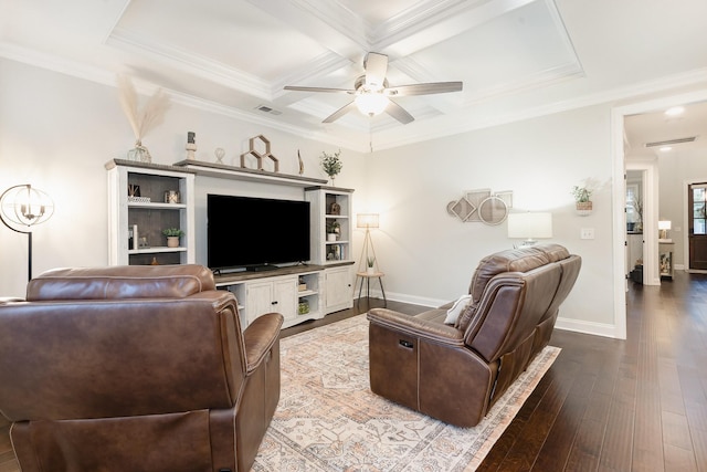 1055 Beckwith St, Franklin, TN 37064 - living area featuring coffered ceiling, ceiling fan, ornamental molding, wood-type flooring, and beam ceiling