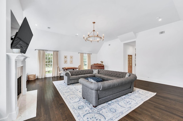 1932 Rosewood Valley Dr, Brentwood, TN 37027 - living area featuring a chandelier, wood finished floors, vaulted ceiling, a premium fireplace, and recessed lighting