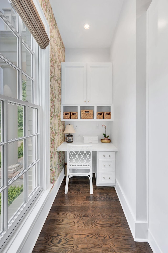 1932 Rosewood Valley Dr, Brentwood, TN 37027 - office featuring wallpapered walls, healthy amount of natural light, dark wood finished floors, and recessed lighting