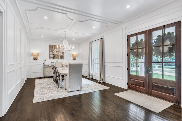 1932 Rosewood Valley Dr, Brentwood, TN 37027 - dining room featuring a decorative wall, a chandelier, crown molding, dark wood-style flooring, and french doors
