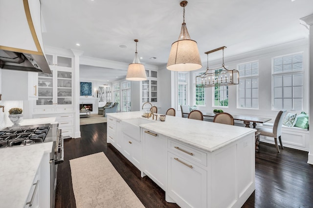 1932 Rosewood Valley Dr, Brentwood, TN 37027 - kitchen featuring custom exhaust hood, stove, dark wood-style floors, crown molding, and glass insert cabinets