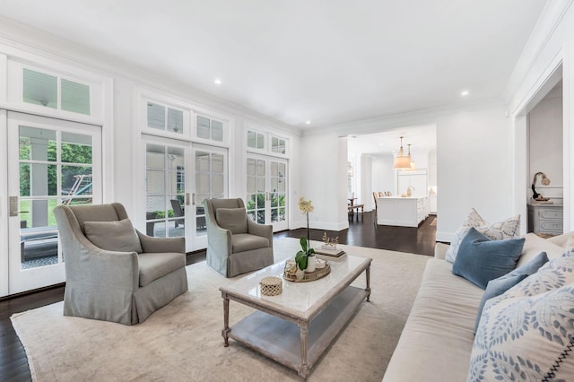 1932 Rosewood Valley Dr, Brentwood, TN 37027 - living area featuring dark wood-style floors, recessed lighting, crown molding, and french doors