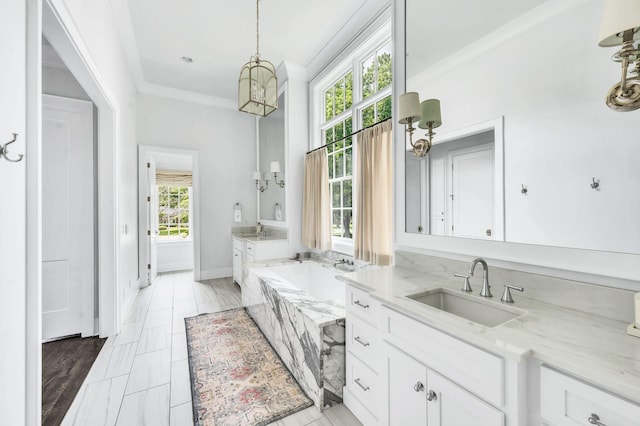 1932 Rosewood Valley Dr, Brentwood, TN 37027 - bathroom featuring vanity, a garden tub, ornamental molding, and a chandelier