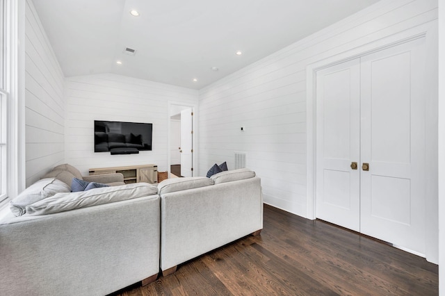 1932 Rosewood Valley Dr, Brentwood, TN 37027 - living room featuring dark wood finished floors, vaulted ceiling, recessed lighting, and wood walls
