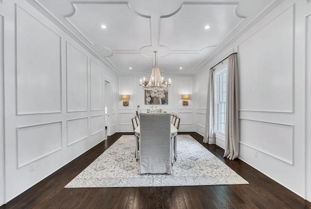 1932 Rosewood Valley Dr, Brentwood, TN 37027 - dining room featuring a decorative wall, a chandelier, dark wood-type flooring, recessed lighting, and crown molding