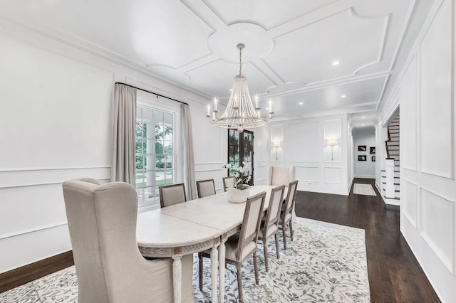 1932 Rosewood Valley Dr, Brentwood, TN 37027 - dining space with a decorative wall, a chandelier, crown molding, dark wood finished floors, and recessed lighting