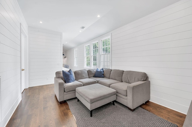 1932 Rosewood Valley Dr, Brentwood, TN 37027 - living room with wooden walls, dark wood-type flooring, and recessed lighting
