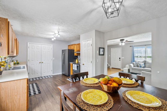 113 Beck Ct, Murfreesboro, TN 37128 - dining space featuring a textured ceiling, dark wood-type flooring, stairway, and a ceiling fan