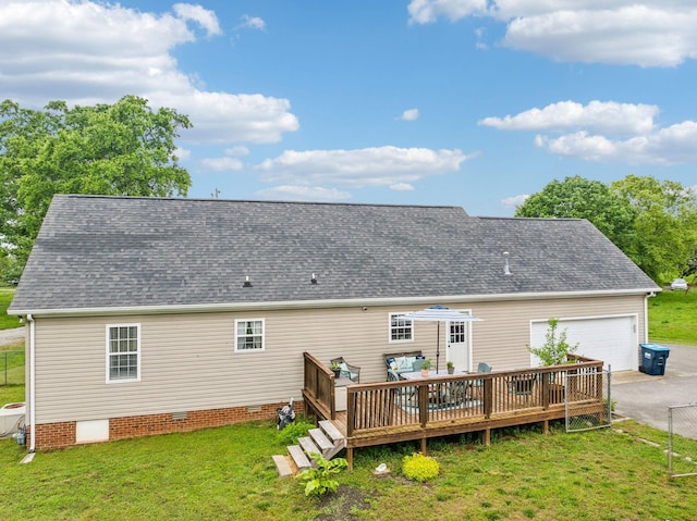 113 Beck Ct, Murfreesboro, TN 37128 - rear view of house featuring asphalt driveway, a garage, a lawn, a deck, and a shingled roof