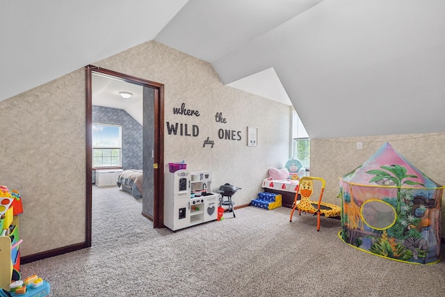 113 Beck Ct, Murfreesboro, TN 37128 - recreation room with lofted ceiling, carpet floors, and wallpapered walls