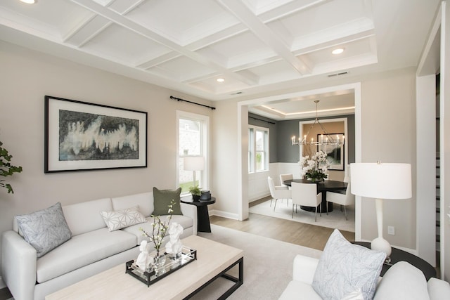 5969 Hunt Valley Dr, Spring Hill, TN 37174 - living room with light wood-style flooring, a chandelier, coffered ceiling, beam ceiling, and recessed lighting