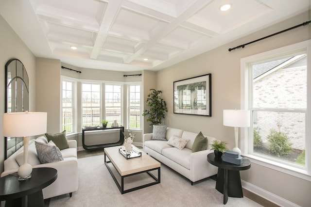 5969 Hunt Valley Dr, Spring Hill, TN 37174 - living room featuring coffered ceiling, beam ceiling, healthy amount of natural light, and recessed lighting