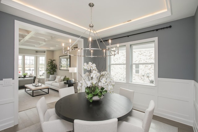 5969 Hunt Valley Dr, Spring Hill, TN 37174 - dining room with a chandelier, coffered ceiling, wood finished floors, a wainscoted wall, and beamed ceiling