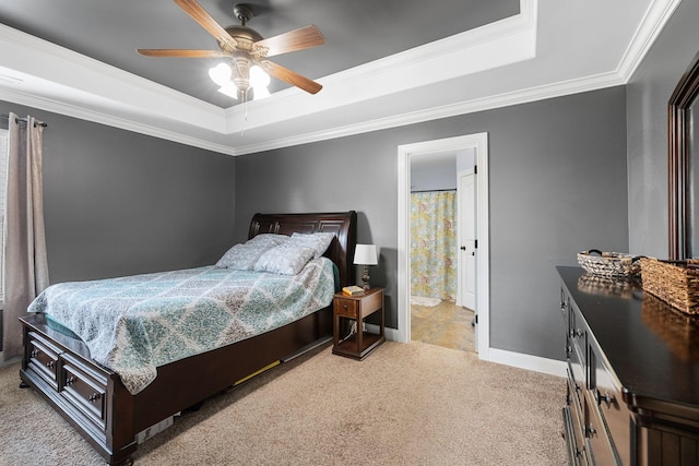 3228 Marion Davis Dr, Murfreesboro, TN 37129 - bedroom with a tray ceiling, light carpet, crown molding, a ceiling fan, and ensuite bathroom