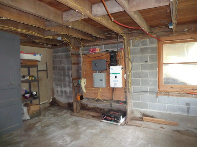 1342 Russell Creek Rd, Lobelville, TN 37097 - unfinished below grade area featuring electric panel and concrete block wall
