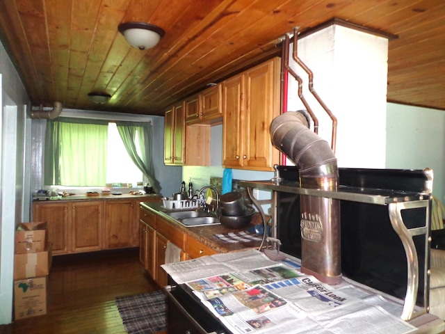 1342 Russell Creek Rd, Lobelville, TN 37097 - kitchen featuring wooden ceiling, dark wood finished floors, brown cabinetry, and dark countertops