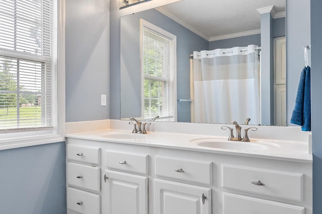 237 Windsor Dr, Cookeville, TN 38506 - full bath with double vanity, healthy amount of natural light, crown molding, and a textured ceiling