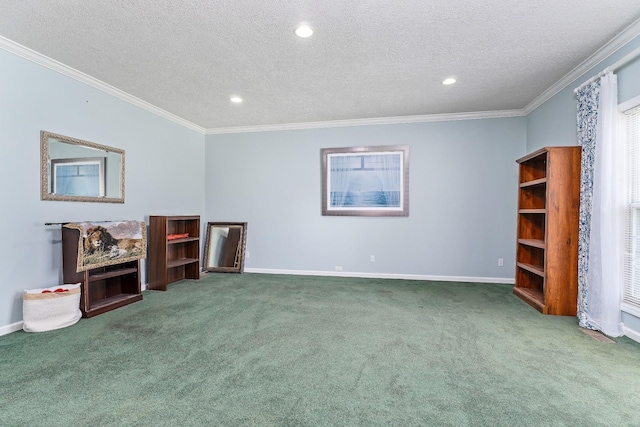 237 Windsor Dr, Cookeville, TN 38506 - unfurnished living room featuring carpet floors, a textured ceiling, crown molding, and recessed lighting
