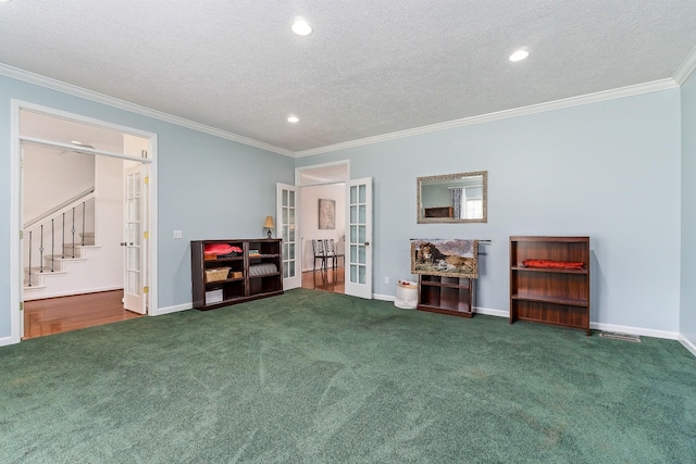 237 Windsor Dr, Cookeville, TN 38506 - bedroom with carpet floors, french doors, crown molding, a textured ceiling, and recessed lighting
