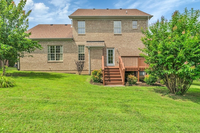 147 N Shadowhaven Way, Hendersonville, TN 37075 - rear view of property featuring a wooden deck, brick siding, a lawn, and a shingled roof