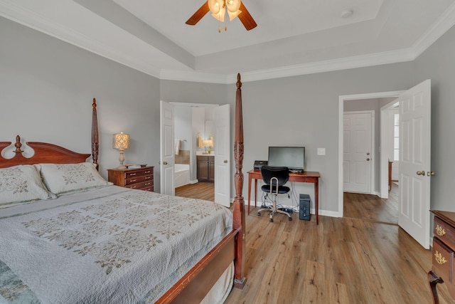 147 N Shadowhaven Way, Hendersonville, TN 37075 - bedroom featuring light wood-style flooring, a raised ceiling, an office area, crown molding, and ensuite bathroom