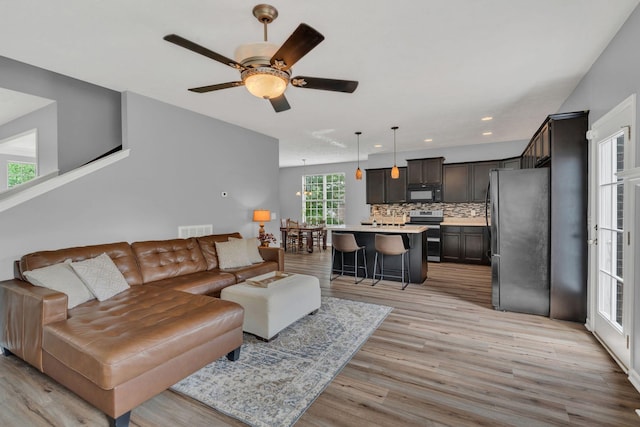 147 N Shadowhaven Way, Hendersonville, TN 37075 - living room featuring light wood finished floors, ceiling fan, and recessed lighting