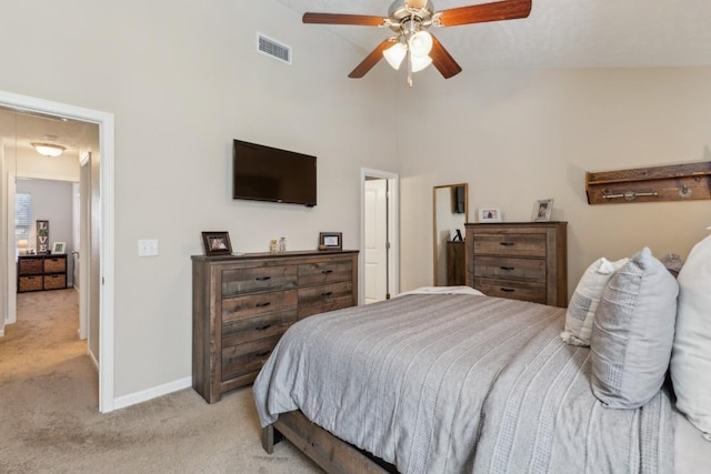 2058 Caladonia Way, Smyrna, TN 37167 - bedroom featuring light carpet, high vaulted ceiling, and ceiling fan