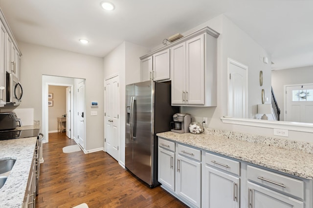 717 Monarchos Bnd, Burns, TN 37029 - kitchen featuring appliances with stainless steel finishes, gray cabinetry, dark wood finished floors, and recessed lighting