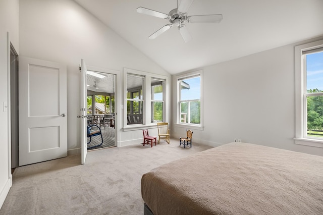 7909 Shoals Branch Rd, Primm Springs, TN 38476 - carpeted bedroom with multiple windows, access to exterior, high vaulted ceiling, and a ceiling fan