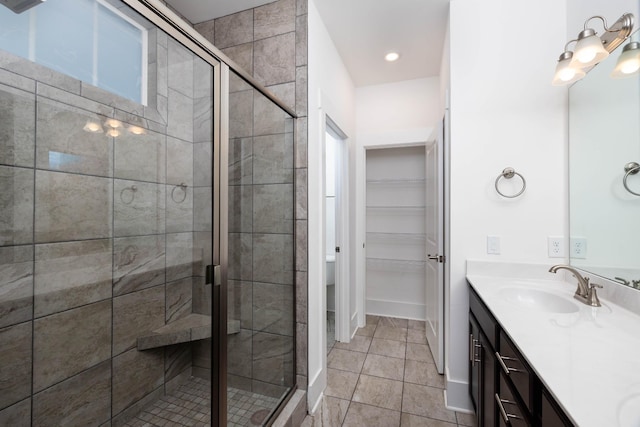 6055 Gracious Dr, Franklin, TN 37064 - full bath with vanity, a shower stall, tile patterned flooring, a chandelier, and healthy amount of natural light