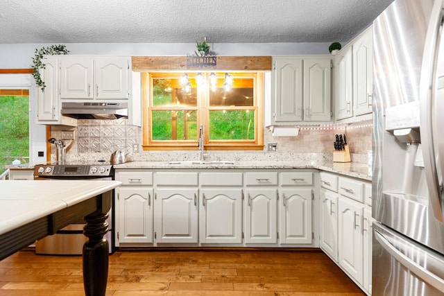 5719 Minor Hill Hwy, Goodspring, TN 38460 - kitchen with stainless steel appliances, under cabinet range hood, white cabinetry, tasteful backsplash, and a textured ceiling