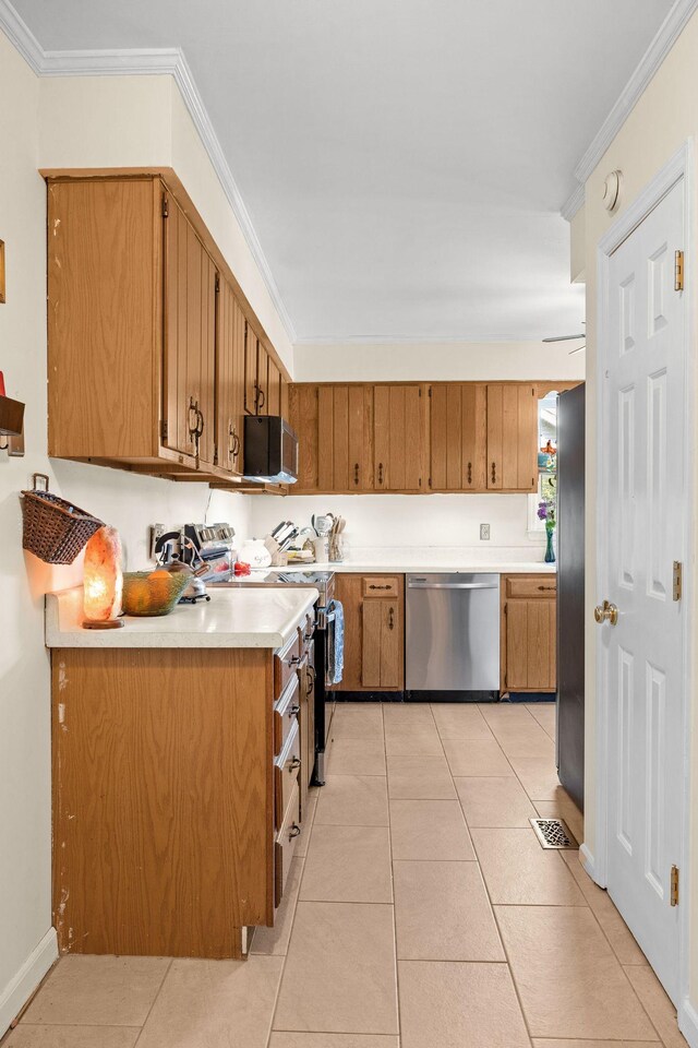 1409 E Northfield Blvd, Murfreesboro, TN 37130 - kitchen featuring stainless steel appliances, light countertops, brown cabinetry, ornamental molding, and light tile patterned floors