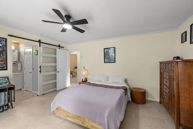 1409 E Northfield Blvd, Murfreesboro, TN 37130 - bedroom with a barn door, ornamental molding, light tile patterned flooring, and ensuite bath