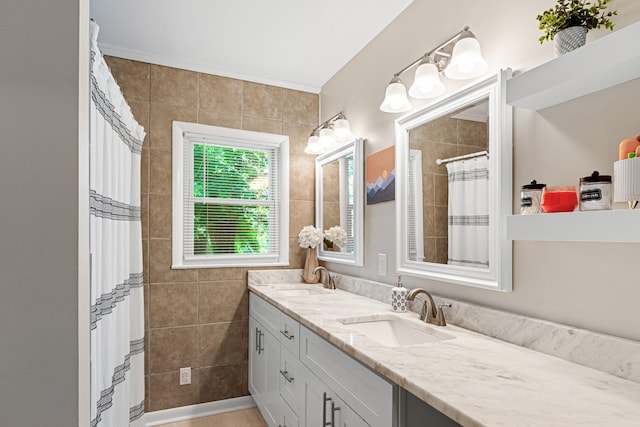 418 Winfrey Dr, Murfreesboro, TN 37130 - bathroom with double vanity, tile walls, and a shower with shower curtain