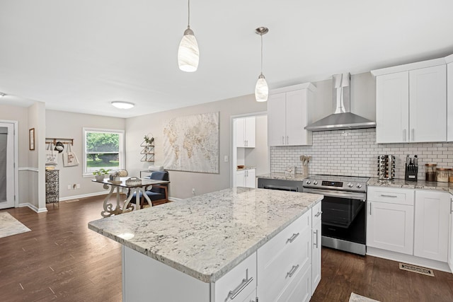418 Winfrey Dr, Murfreesboro, TN 37130 - kitchen featuring stainless steel range with electric cooktop, wall chimney exhaust hood, tasteful backsplash, a center island, and light stone countertops