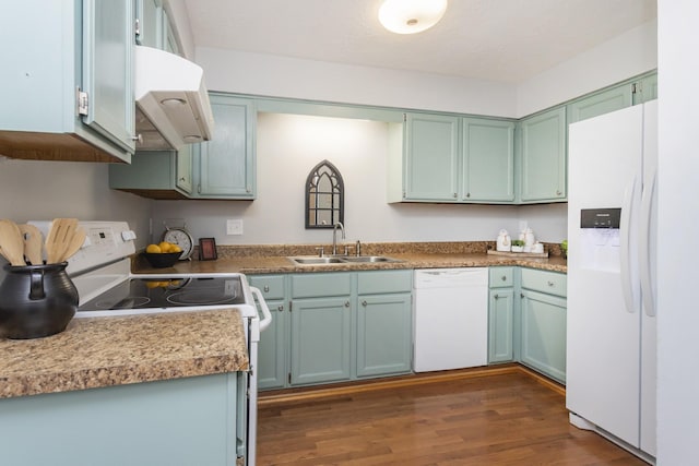 217 Ellington Pl, Madison, TN 37115 - kitchen with white appliances, exhaust hood, and dark wood finished floors
