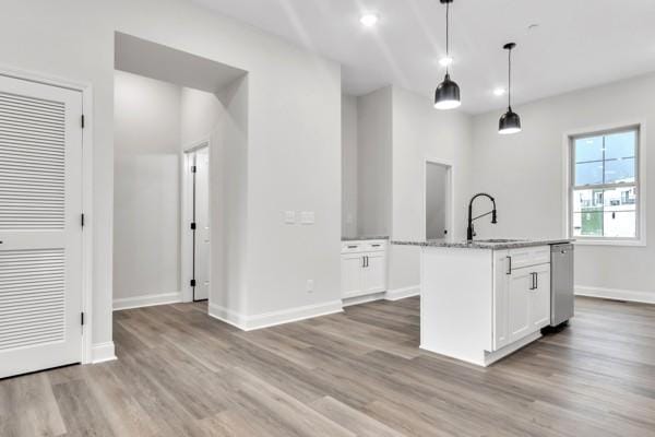 203 Charleston Ave, Pleasant View, TN 37146 - kitchen with stainless steel dishwasher, white cabinetry, light wood-style flooring, decorative light fixtures, and light stone countertops