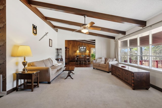 305 Myers Ter, Carthage, TN 37030 - living room featuring light carpet, ceiling fan, and wooden walls