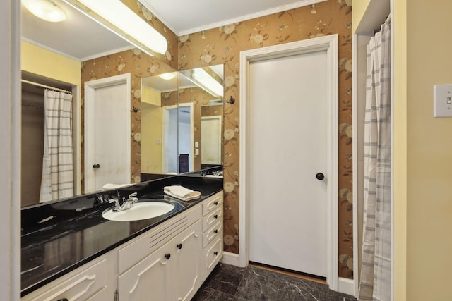 305 Myers Ter, Carthage, TN 37030 - bathroom with crown molding, wallpapered walls, and vanity
