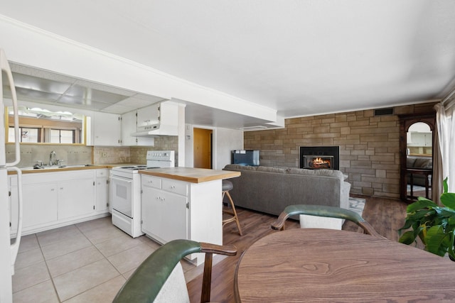 305 Myers Ter, Carthage, TN 37030 - kitchen featuring electric stove, under cabinet range hood, white cabinetry, a glass covered fireplace, and a peninsula