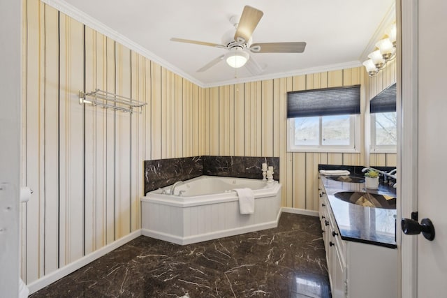 305 Myers Ter, Carthage, TN 37030 - bathroom featuring marble tiled floors, a garden tub, vanity, a ceiling fan, and ornamental molding