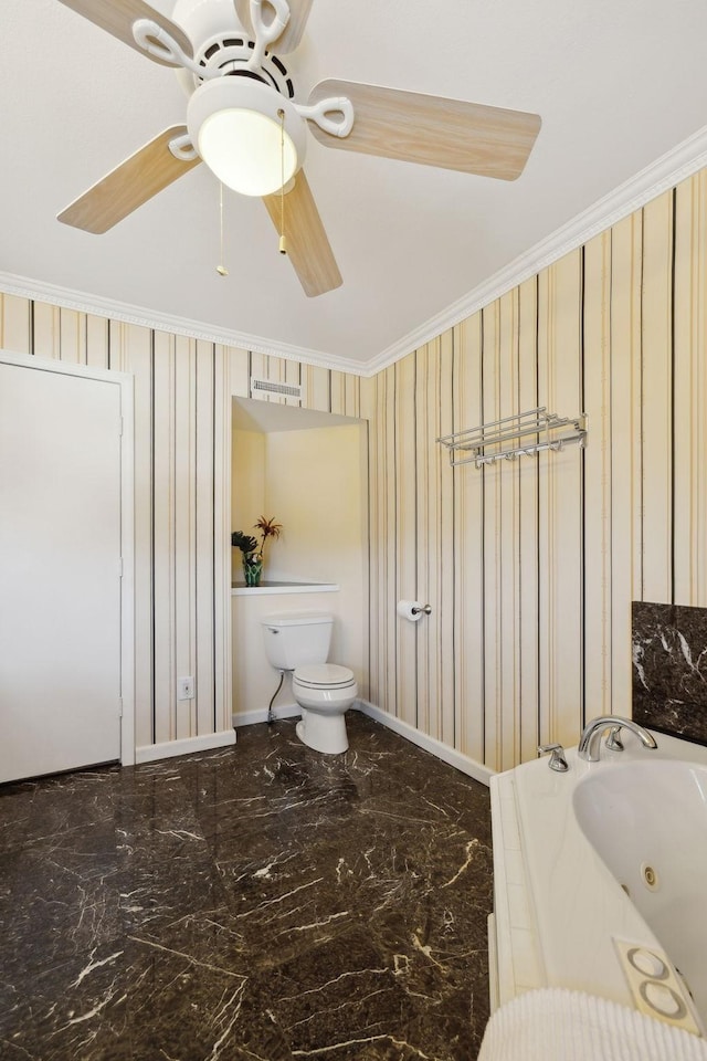 305 Myers Ter, Carthage, TN 37030 - bathroom with crown molding, a tub with jets, marble tiled flooring, and ceiling fan