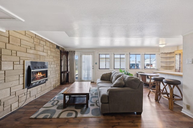 305 Myers Ter, Carthage, TN 37030 - living area featuring wood finished floors, a stone fireplace, crown molding, healthy amount of natural light, and a textured ceiling